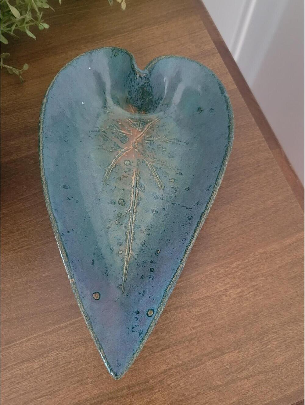 Nature Impressed Studio Art Pottery Glazed Heart Leaf Print Trinket Dish Signed